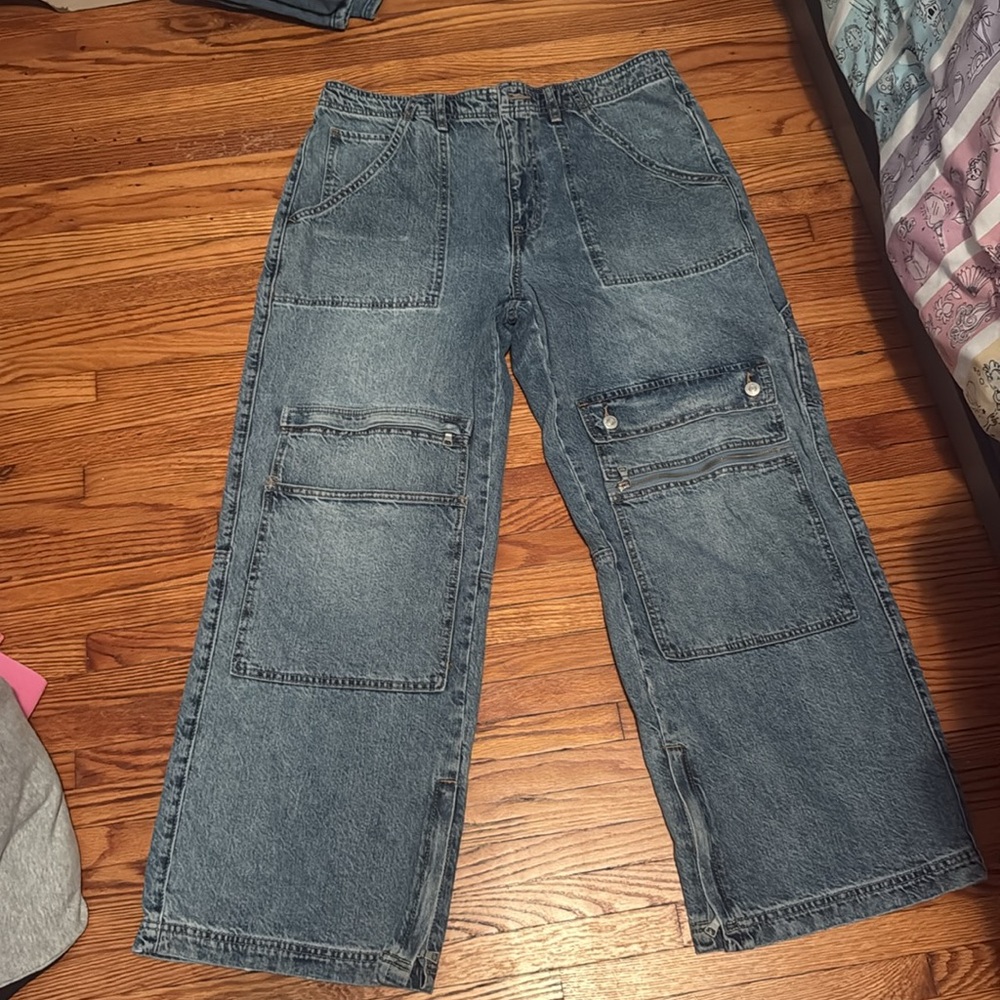 Free People CRVY Under Construction Utility Jeans Sz 32 Cargo Baggy Double Knee - Picture 6 of 10